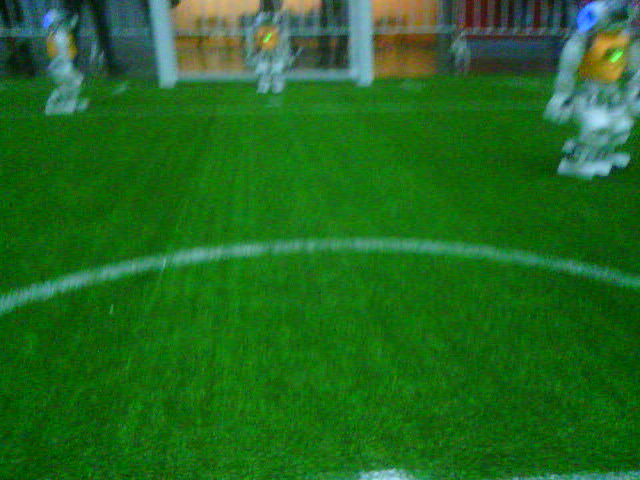 Robot soccer image with green field and goal area